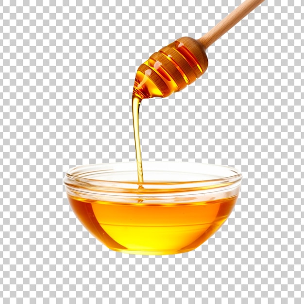 Palito de miel y cuenco de derramar miel aislados sobre un fondo transparente