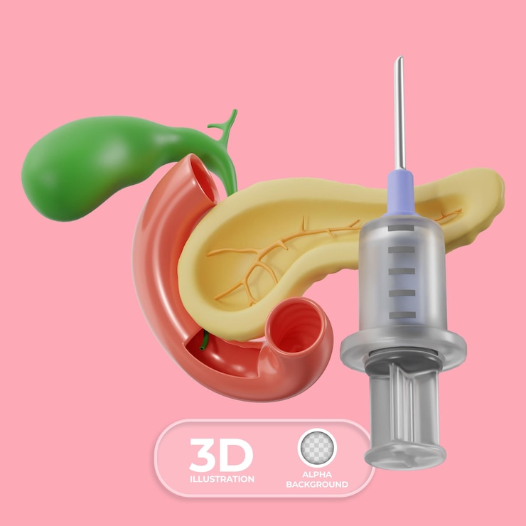 PSD gratuito el páncreas con una jeringa de insulina ilustración 3d