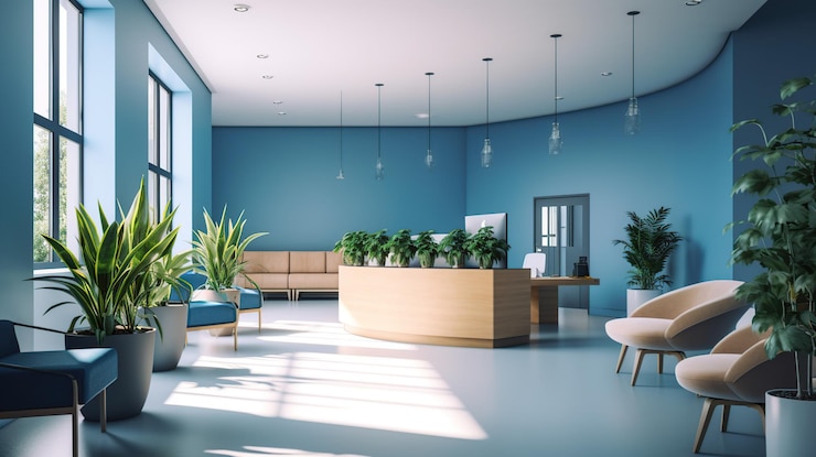 PSD gratuito panorama di una luminosa sala d'attesa e reception in una clinica con scrivania ia generativa