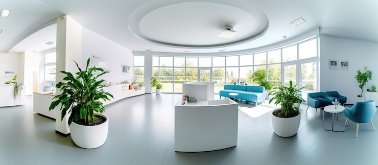 PSD gratuito panorama de una luminosa recepción y sala de espera en una clínica con escritorio ia generativa