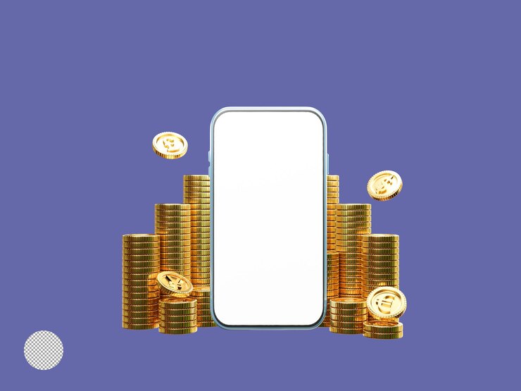 PSD gratuito pantalla en blanco del teléfono inteligente con monedas de oro apiladas para transferencia de dinero y cambio de moneda comercial mediante el concepto de tecnología de uso por ilustración de renderizado 3d