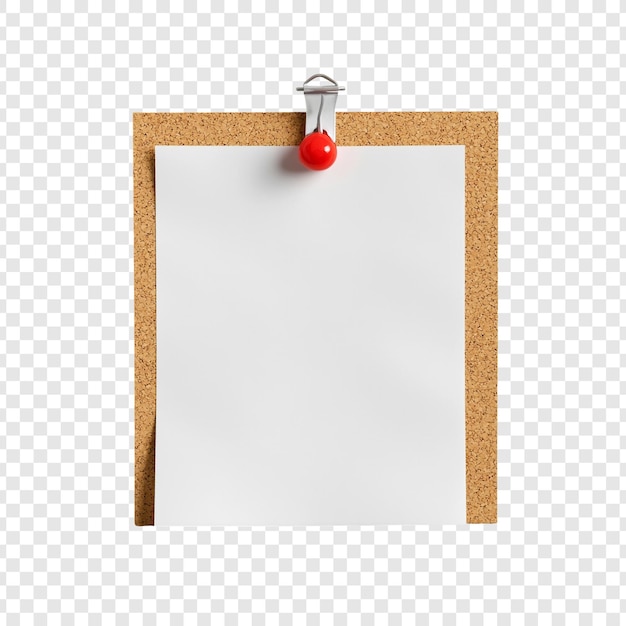 Papel de nota en blanco en cartón de corcho con alfiler rojo y pinza de metal