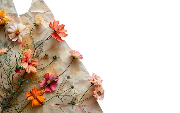 Papel rasgado con flores aisladas