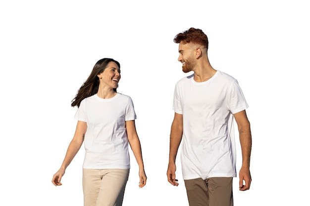 Pareja pareja Twin blanco camisetas blancas ropa diseño mockup, fotografía  de stock, camisa de maqueta, fondo de madera de vista superior, plantilla  JPG -  México