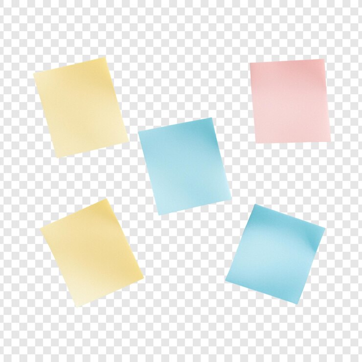 Gratis PSD pastelkleurige kleverige notities verspreid over een doorzichtige achtergrond