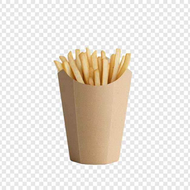 Patatas fritas doradas y crujientes en un recipiente de papel marrón