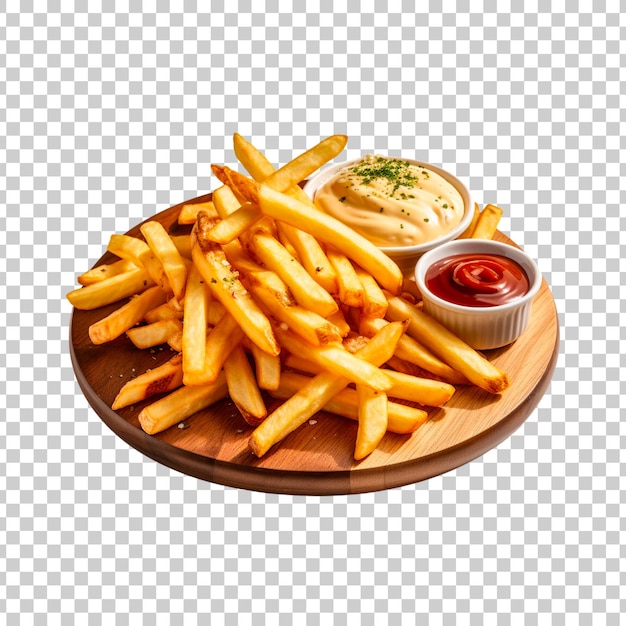 PSD gratuito patatas fritas con salsa en una tabla de madera redonda sobre un fondo transparente