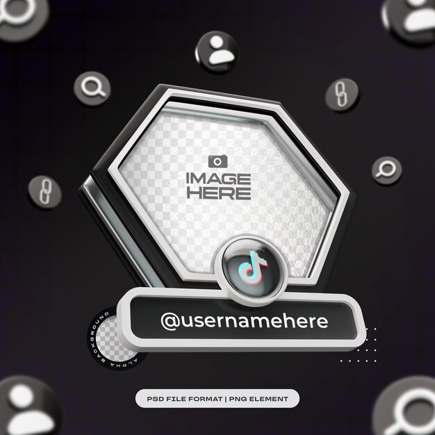 Perfil de redes sociales hexagonal en 3D para Tiktok Renderizado en 3D aislado