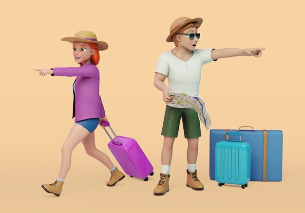 Personaggi che viaggiano con bagaglio e mappa