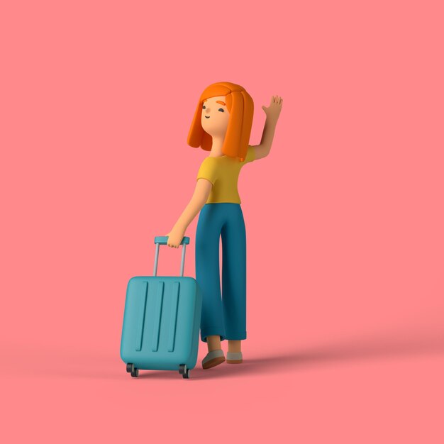 Personaggio 3D della ragazza che tiene un bagaglio per viaggiare