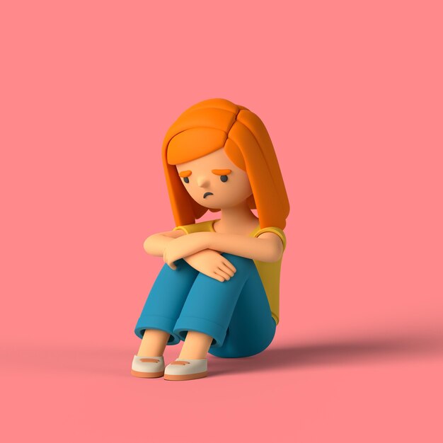 Personaggio 3d ragazza seduto sul pavimento triste