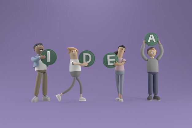 Personaggio 3D Uomini d'affari con nuove idee in cerca di sostegno finanziario e opportunità