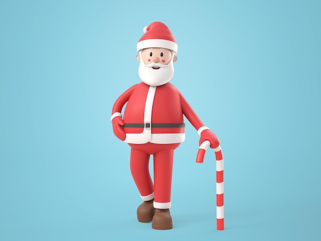 Personaggio dei cartoni animati dell'illustrazione 3D Babbo Natale con un bastoncino di zucchero, bianco isolato. rendering