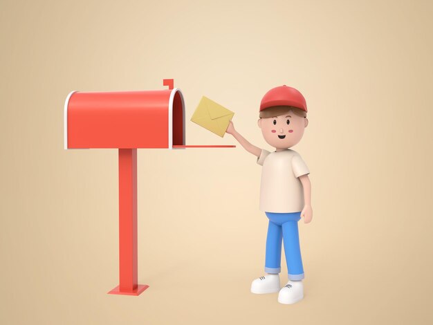 Personaggio dei cartoni animati maschio 3d che consegna una lettera a una casella postale