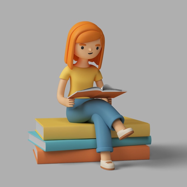Personaggio femminile 3d che legge un libro