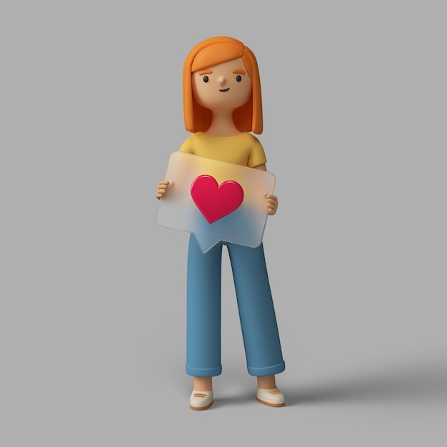 Personaggio femminile 3d che tiene il bottone del cuore di media sociali