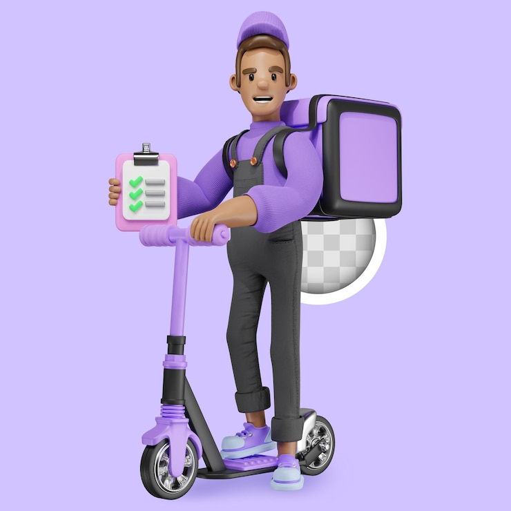 PSD gratuito personaggio su skateboard che riferisce la consegna illustrazione 3d