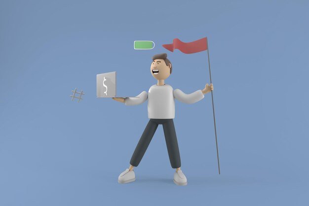 Personaje 3D Un exitoso hombre de negocios comienza a sostener una bandera y una computadora portátil con toda la energía