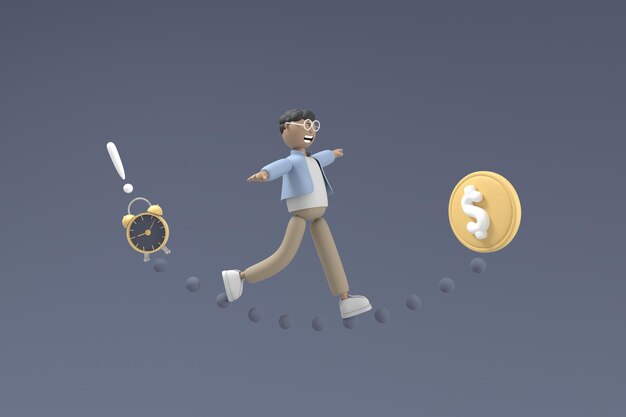 Personaje 3D Joven Camina sobre obstáculos para alcanzar las monedas