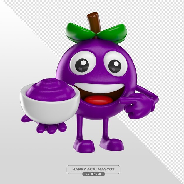 Personaje de bayas de acai con cuenco de batido 3D con fondo transparente
