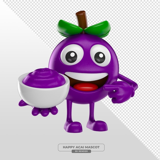 Personaje de bayas de acai con cuenco de batido 3D con fondo transparente