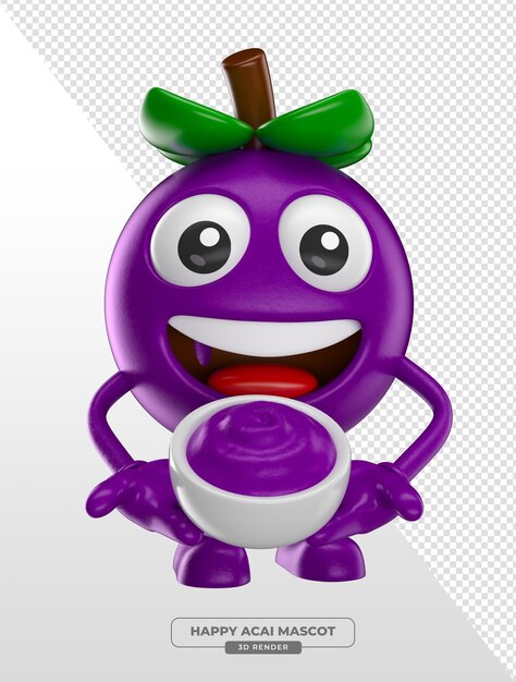 Personaje de bayas de acai con cuenco de batido 3D con fondo transparente