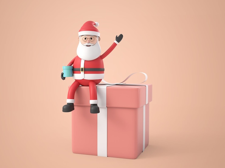 PSD gratuito personaje de dibujos animados de ilustración 3d santa claus con un regalo y sentado sobre el gran cuadro actual, blanco aislado. representación