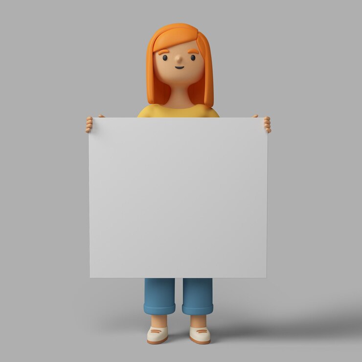 PSD gratuito personaje femenino 3d con cartel en blanco