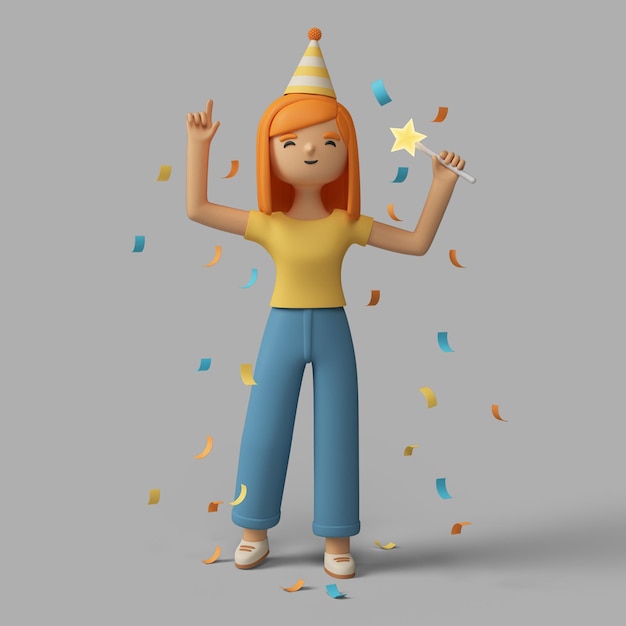 Personaje femenino 3d celebrando con sombrero de fiesta y confeti