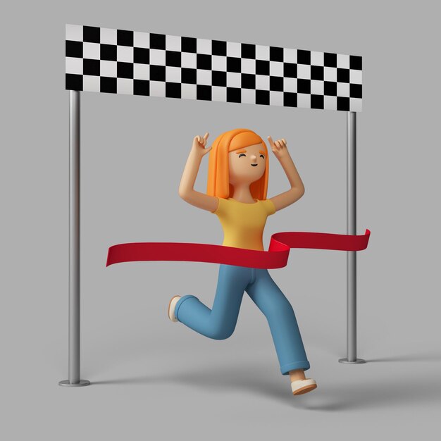 Personaje femenino 3D llegando a la línea de meta