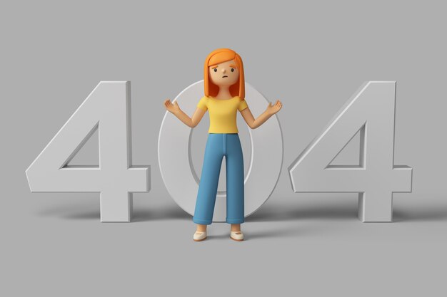 Personaje femenino 3D con mensaje de error 404