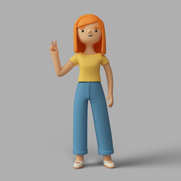 Personaje femenino 3D que muestra el signo de la paz