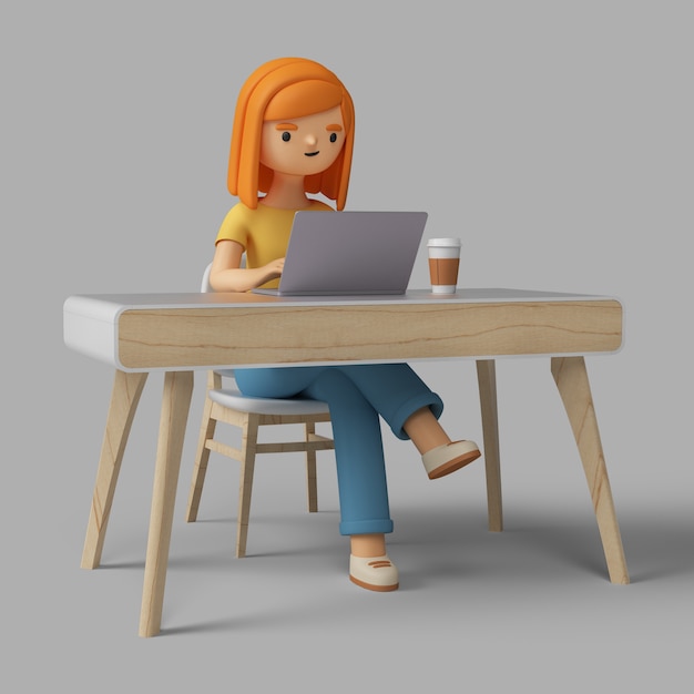 Personaje femenino 3d que trabaja en el escritorio con la computadora portátil