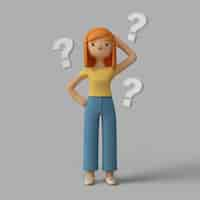 PSD gratuito personaje femenino 3d con signos de interrogación