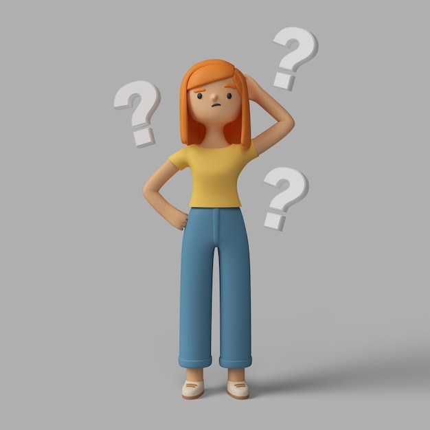 Personaje femenino 3D con signos de interrogación