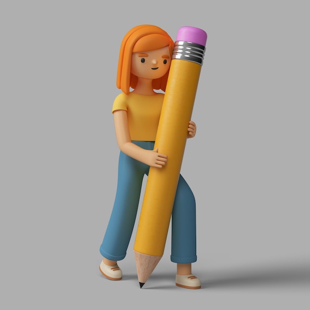 Personaje femenino 3D sosteniendo un lápiz