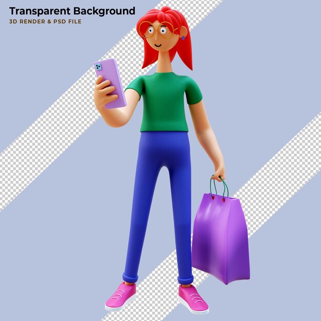 Personaje femenino de renderizado 3d con bolsa de compras en línea