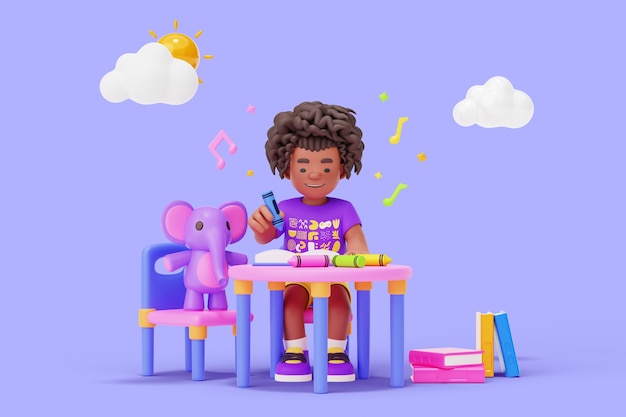 Personaje de jardín de infantes en 3d jugando con juguetes.