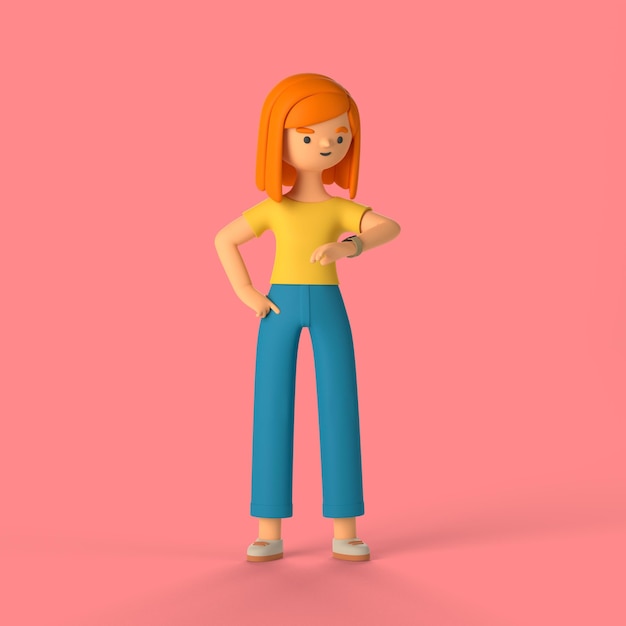 Personaje de niña 3D comprobando la hora en su reloj