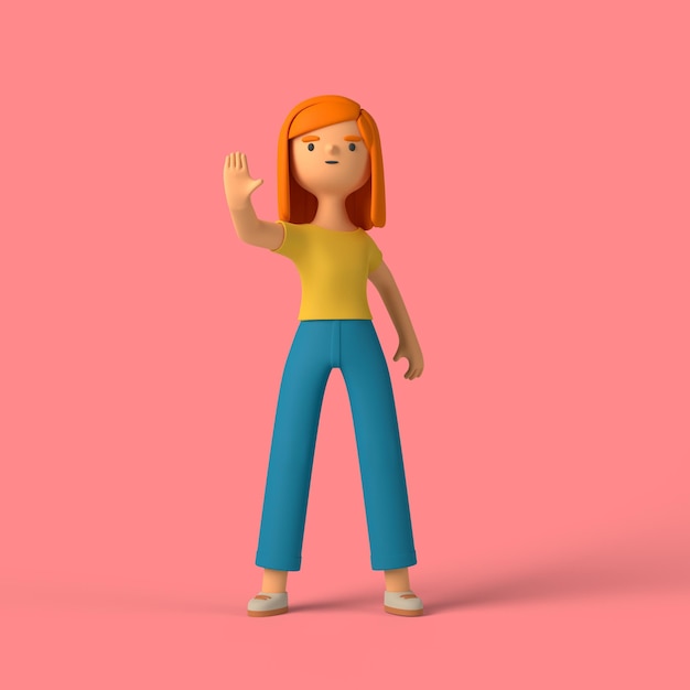 Personaje de niña 3D haciendo la señal de stop