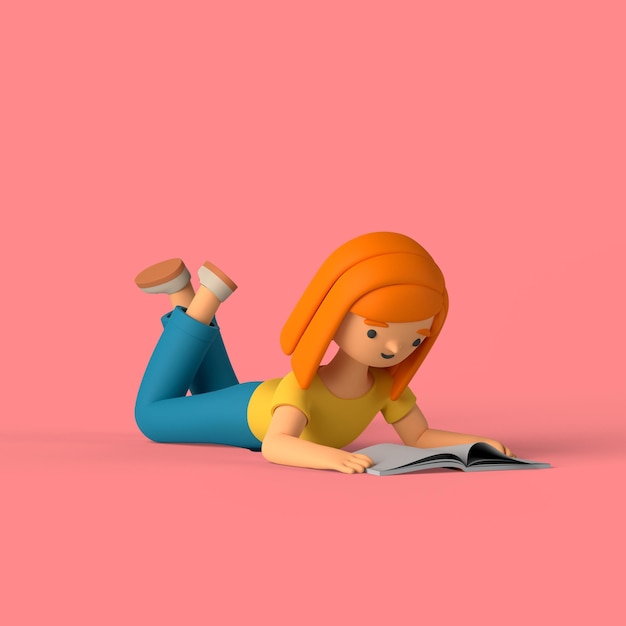 PSD gratuito personaje de niña 3d leyendo un libro
