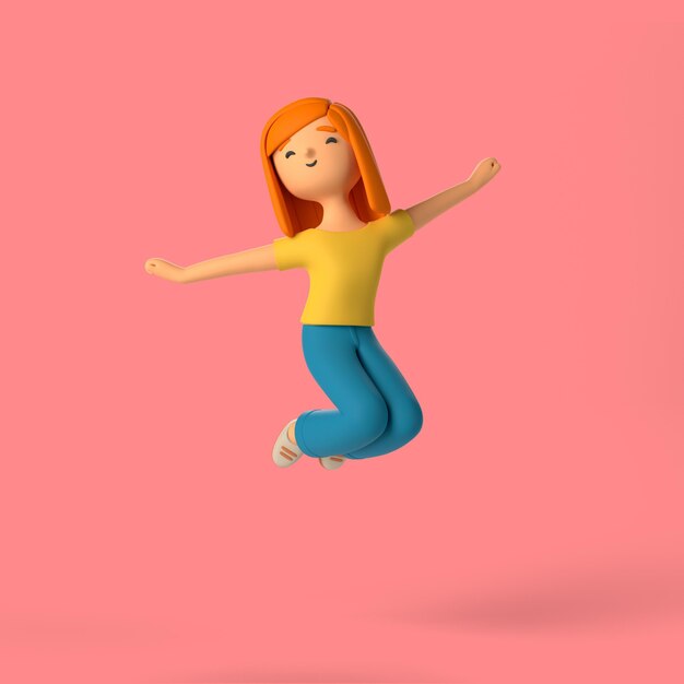 Personaje de niña 3d saltando en el aire