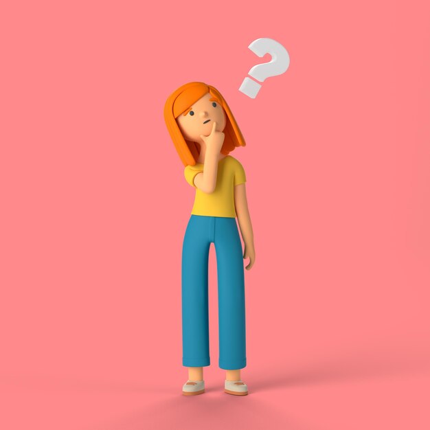 Personaje de niña 3D con signo de interrogación