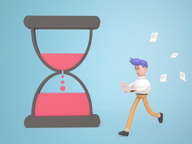 Los personajes de dibujos animados en 3D corren contra el tiempo en un reloj de arena.