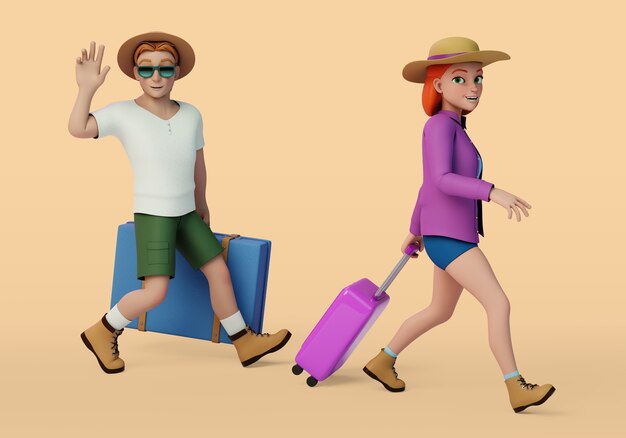 PSD gratuito personajes que viajan juntos con equipaje.
