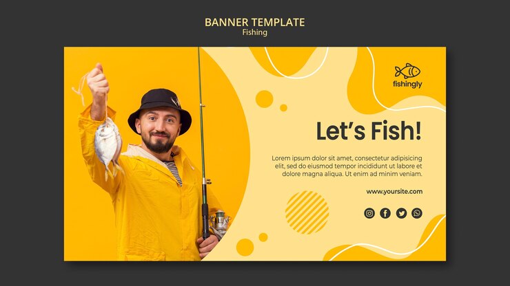 PSD gratuito peschiamo l'uomo nella bandiera gialla del cappotto di pesca
