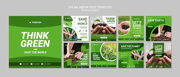 PSD gratuito piensa en una plantilla verde de publicación en redes sociales