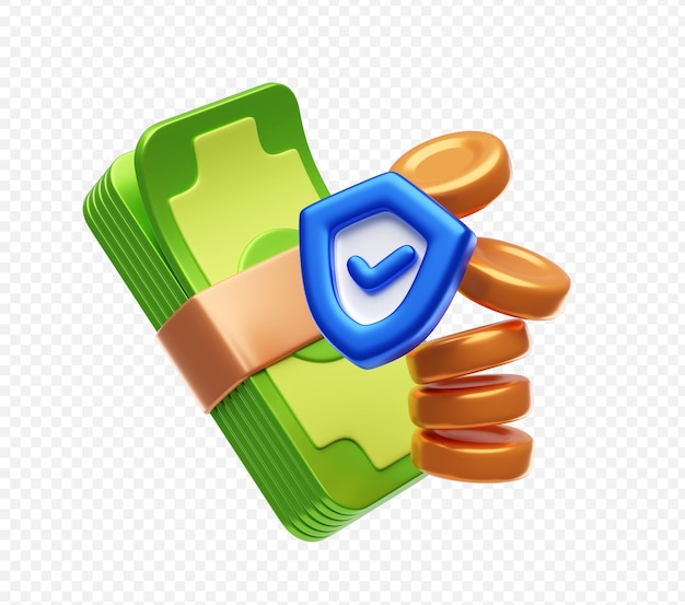 Una pila de dinero con un icono de escudo de fondo de ilustración 3D