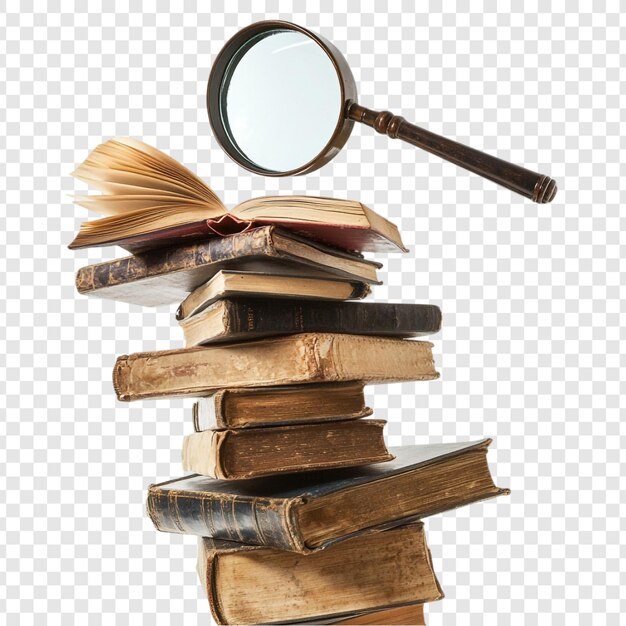 Una pila de libros antiguos con lupa