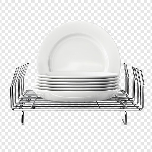 Una pila de platos limpios en un estante de platos de cromo
